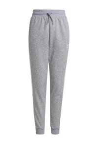 Pantalones de chándal grises con cintura elástica, cordón, rayas blancas laterales y puños acanalados, fabricados con una suave mezcla de algodón.