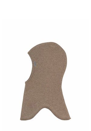 Brun strikket balaclava med forlænget nakkedækning, designet til fuld varme til hoved og nakke.