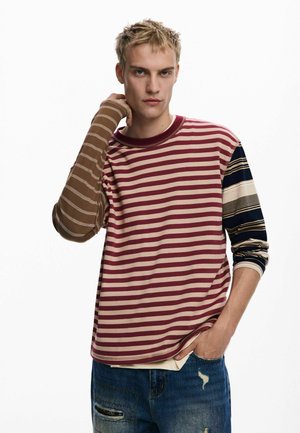 Striped long-sleeve shirt featuring maroon, beige, and dark blue colors, with varying horizontal stripe patterns and a rounded collar.