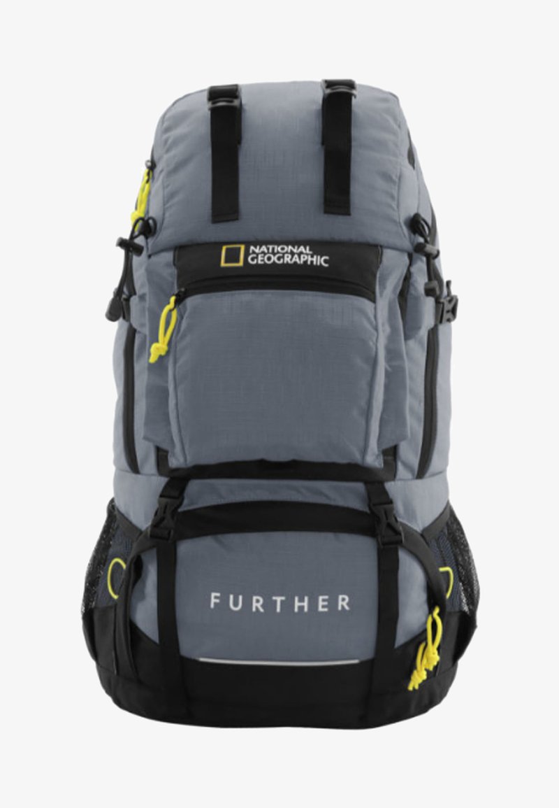 Gray backpack with National Geographic branding, featuring adjustable straps, mesh pockets, and yellow accents. Rectangular shape with textured fabric.