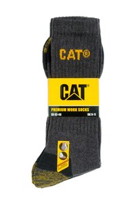 Chaussettes de travail grises haut de gamme avec accents jaunes et logo CAT®, dotées d'un orteil et d'un talon renforcés pour plus de durabilité. Emballées avec des détails sur la taille.
