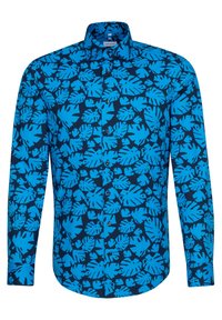 Niebieska koszula z długim rękawem na ciemnogranatowym tle, zdobiona żywym turkusowym wzorem liści. Kołnierzyk zapinany na guziki oraz guziki z przodu.