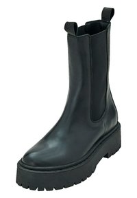 Schwarze Leder-Ankle-Boots mit elastischen seitlichen Einsätzen, abgerundeter Spitze und einer dicken, strukturierten Gummisohle. Verfügt über zwei Zuglaschen für einen einfachen Einstieg.