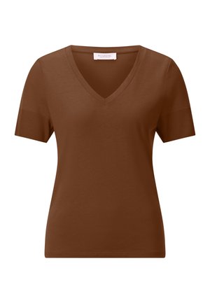 Brown short-sleeve V-neck shirt with ribbed sleeve cuffs, fitted cut, and brand label inside collar.