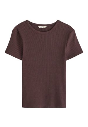 Mörk mauve ribbad t-shirt med rund hals och korta ärmar, med en mjuk textur och rak fåll, designad för avslappnad användning.