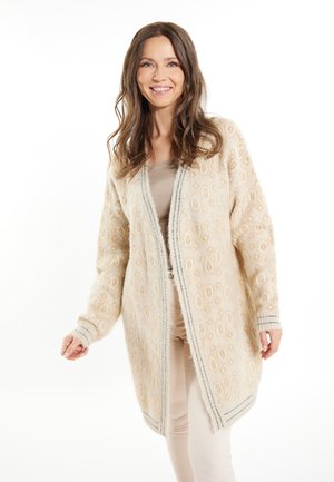 Lichtbeige cardigan van gestructureerde stof, met een patroon, open voorkant en lange mouwen met gestreepte boorden.