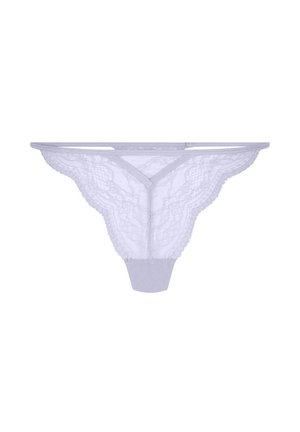 White lace thong underwear with floral patterns and thin elastic waistband on a plain white background.