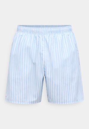 Lichtblauwe en witte gestreepte zwembroek gemaakt van lichtgewicht stof, met een elastische tailleband en een rechte snit.