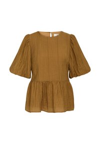 Braun gefältete Bluse mit kurzen Puffärmeln, Rundhalsausschnitt und Rückenschlitzverschluss. Weicher Stoff mit Struktur, ausgestellter Peplum-Saum.