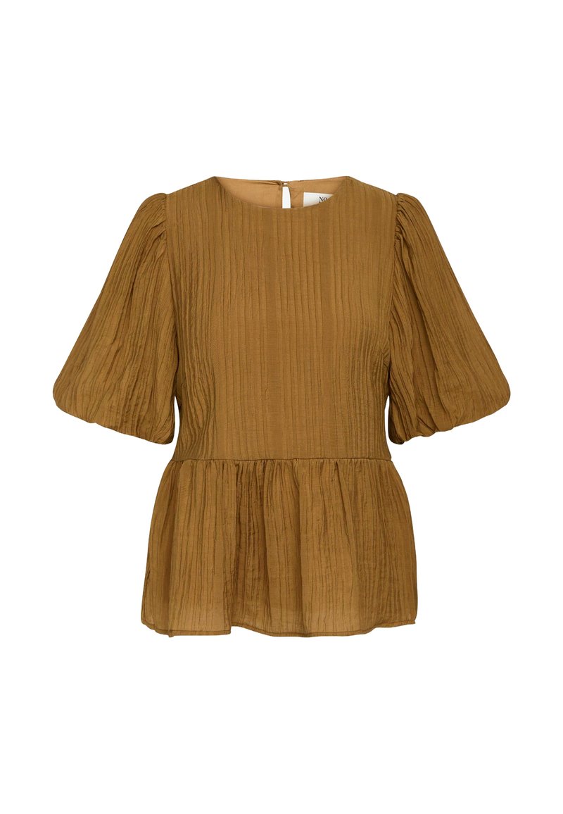 Braun gefältete Bluse mit kurzen Puffärmeln, Rundhalsausschnitt und Rückenschlitzverschluss. Weicher Stoff mit Struktur, ausgestellter Peplum-Saum.