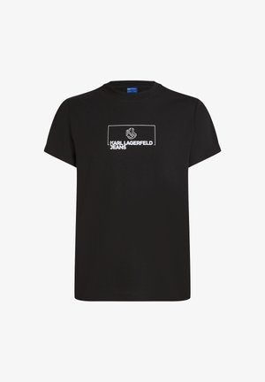 T-shirt de algodão preto com mangas curtas e decote redondo. Apresenta o texto gráfico branco "KARL LAGERFELD JEANS" dentro de um contorno retangular.
