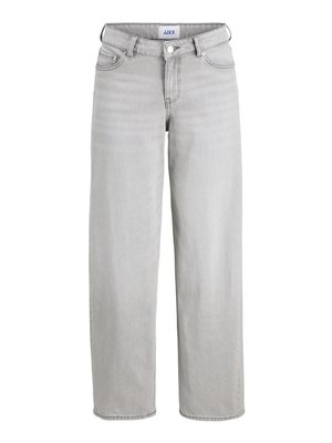 Šviesiai pilki džinsai su laisvu pritaikymu, tiesiomis kojomis ir vidutinio aukščio juosmeniu. Yra diržo kilpos, mygtuko uždarymas ir standartinės kišenės.