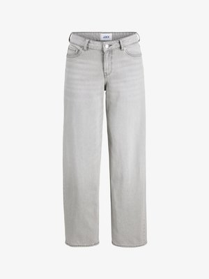 Šviesiai pilki džinsai su laisvu pritaikymu, tiesiomis kojomis ir vidutinio aukščio juosmeniu. Yra diržo kilpos, mygtuko uždarymas ir standartinės kišenės.