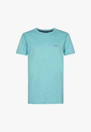 Lichtblauw T-shirt gemaakt van zachte stof, met een ronde hals en korte mouwen; bevat een klein gedrukt logo op de borst.