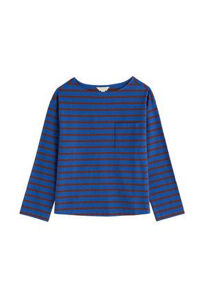 Chemise à manches longues rayée bleu et marron foncé avec un col rond et une poche avant. Texture lisse, coupe décontractée, sans fermetures visibles.