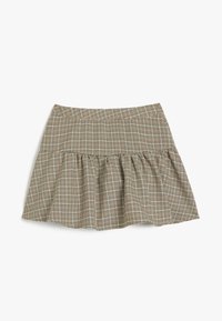 Karierten Rock aus leichtem Stoff, mit einem ausgestellten Rüschensaum, in einem Mix aus Beige, Braun und Schwarz im Karomuster.