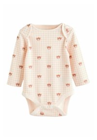 Ilga rankovė kūdikio bodžiukas iš minkštos rožinės medžiagos su languotu raštu. Yra meškiukų spaudinių ir snapelių užsegimai apačioje. Lygus paviršius.