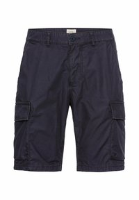 Navy blue cargo shorts made from lightweight fabric, featuring two side pockets, a button closure, and stitched detailing.