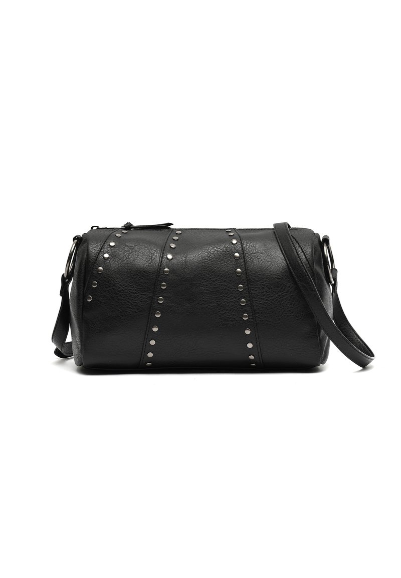 Borsa a tracolla in ecopelle nera con dettagli in metallo argentato e tracolla rimovibile. Forma rotonda con chiusura a zip e finitura textured.