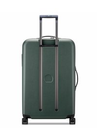 Valise rigide verte avec une surface texturée, poignée rétractable, doubles roues et un logo en relief sur le devant.