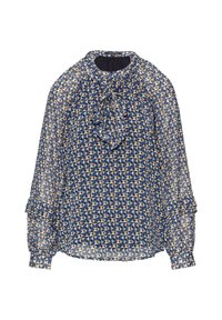 Transparante blauwe blouse met een geometrisch patroon in blauw, crème en grijs, voorzien van een striknek en gerimpelde mouwen. Zacht, lichtgewicht materiaal.