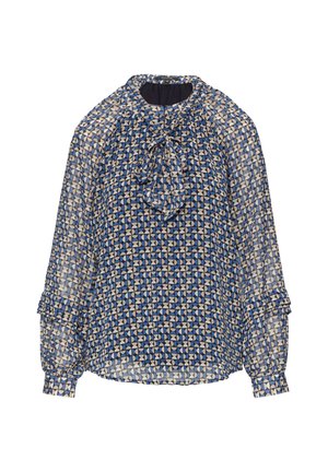 Transparante blauwe blouse met een geometrisch patroon in blauw, crème en grijs, voorzien van een striknek en gerimpelde mouwen. Zacht, lichtgewicht materiaal.