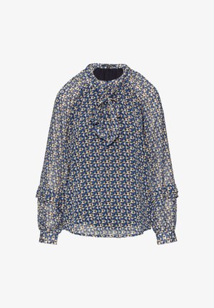 Przezroczysta niebieska bluzka z geometrycznym wzorem w odcieniach niebieskiego, kremowego i szarego, z wiązanym dekoltem i falbaniastymi rękawami. Miękka, lekka tkanina.