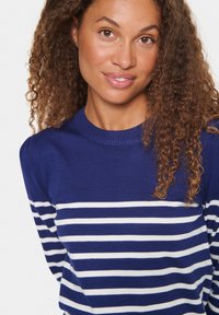 Pull en maille bleu marine avec des rayures horizontales blanches, col rond côtelé et manches texturées. Tissu lisse avec un léger éclat.