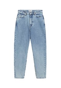 Jean en denim bleu clair avec une taille haute, une coupe droite et des coutures contrastantes. Dispose de poches avant et arrière, ainsi qu'une fermeture à bouton.