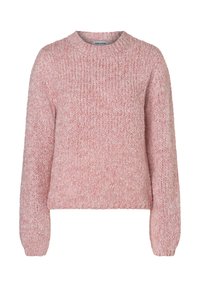 Helles rosa gestricktes Sweatshirt mit Rundhalsausschnitt, langen Ärmeln und strukturiertem Stoff, mit einem gerippten Saum und lockerem Schnitt.