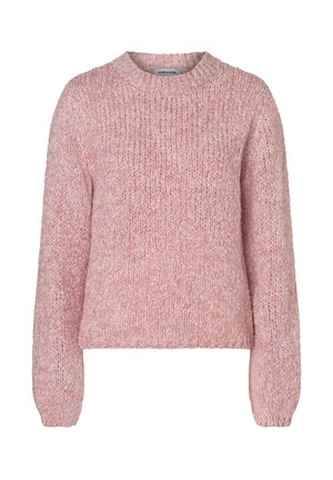 Helles rosa gestricktes Sweatshirt mit Rundhalsausschnitt, langen Ärmeln und strukturiertem Stoff, mit einem gerippten Saum und lockerem Schnitt.
