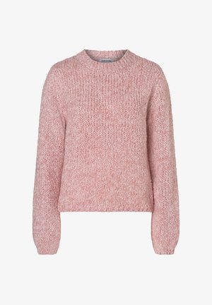 Light pink knitted sweater with a round neckline, long sleeves, and textured fabric, featuring a ribbed hem and relaxed fit.