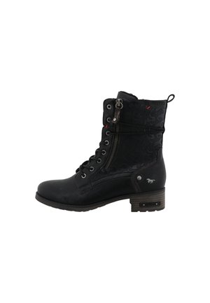 Black leather mid-calf boot with side zipper, laces, textured pattern, logo near heel, pull tab at back, and low stacked heel.