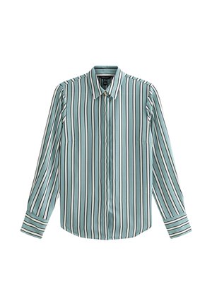 Camicia azzurro chiaro a maniche lunghe con bottoni, con strisce verticali bianche, nere e beige e colletto a punta, distesa su uno sfondo bianco.