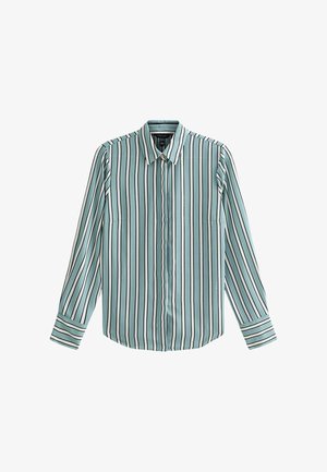 Jasnoniebieska koszula z długim rękawem zapinana na guziki, z pionowymi białymi, czarnymi i beżowymi paskami oraz kołnierzykiem w szpic, rozłożona na płasko na białym tle.