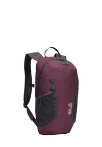 Bordeauxfarbener Rucksack mit grauen Netztaschen an den Seiten, verstellbaren Riemen und einem Tragegriff an der Oberseite. Verfügt über einen doppelten Reißverschluss und ein Logo auf der Vorderseite.