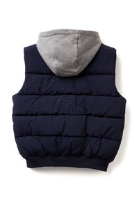 Gilet imbottito blu navy con cappuccio grigio. Presenta un design trapuntato, un orlo a coste e maniche assenti, adatto per essere indossato a strati in climi più freschi.