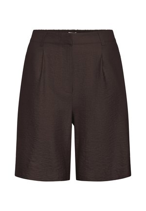 Dunkelbraune Shorts mit hoher Taille, Gürtelschlaufen, vorderen Falten und einem glatten, leicht strukturierten Stoff, der bis zur Mitte des Oberschenkels reicht.