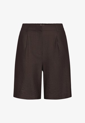 Dunkelbraune Shorts mit hoher Taille, Gürtelschlaufen, vorderen Falten und einem glatten, leicht strukturierten Stoff, der bis zur Mitte des Oberschenkels reicht.