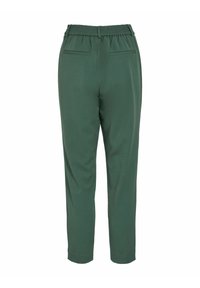 Zelene lagane hlače od tkanine s elastičnom gumom u struku, dva stražnja džepa i sužene nogavice, s glatkom teksturom i jednostavnim dizajnom.