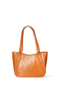 Borsa tote in pelle tan con manici, superficie liscia, forma arrotondata e dettagli in metallo argentato. Senza motivi o decorazioni visibili.