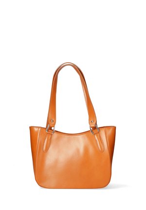 Borsa tote in pelle tan con manici, superficie liscia, forma arrotondata e dettagli in metallo argentato. Senza motivi o decorazioni visibili.
