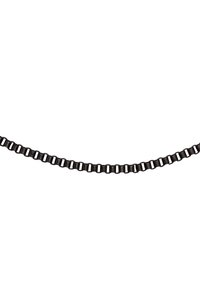 Collana in metallo nero composta da segmenti rettangolari collegati; superficie liscia con una leggera lucentezza, caratterizzata da uno spazio e una texture uniformi.