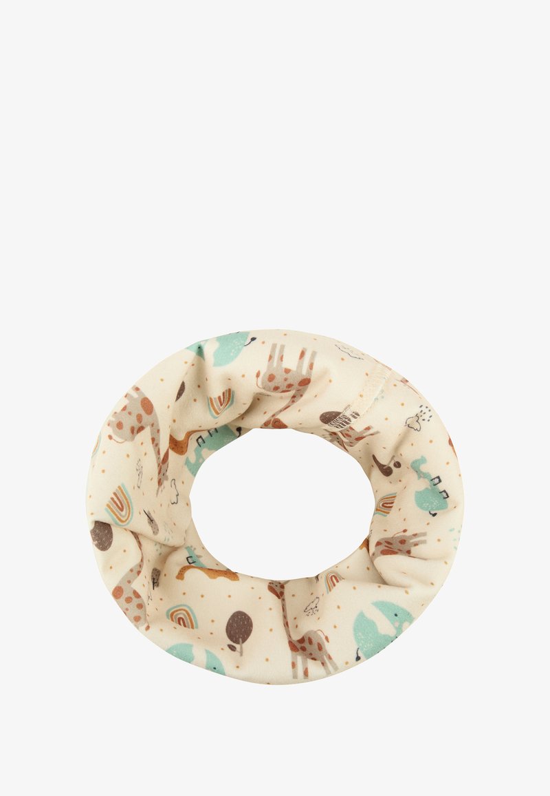 Round fabric ring in cream with colorful animal and rainbow patterns; soft texture; gathered edges; lightweight and flexible design.