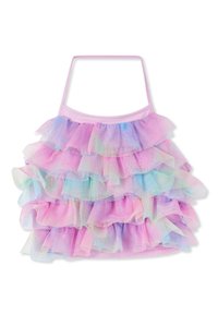 Top multicolore con volant in tonalità pastello di rosa, blu e verde, caratterizzato da un tessuto in tulle stratificato con una consistenza morbida e spalline sottili.