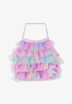 Wielokolorowa bluzka z falbankami w pastelowych odcieniach różu, niebieskiego i zielonego, z warstwowym tiulem o miękkiej strukturze i cienkimi ramiączkami.