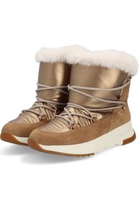 Botas de bronce impermeables con parte superior de ante y tela brillante, puño de piel sintética blanca suave y suela de goma gruesa. Presenta cordones con elementos decorativos.