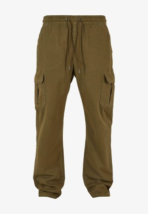 Pantalones cargo de color verde oliva con cintura elástica, cierre de cordón, dos bolsillos laterales y dos bolsillos cargo en cada pierna. Tejido de algodón.