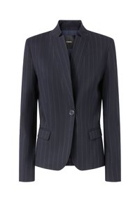 Blazer blu navy a righe sottili con colletto a reverse, chiusura con un solo bottone e due tasche frontali. Realizzato in tessuto strutturato, vestibilità sartoriale.
