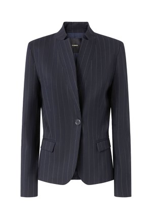 Blazer blu navy a righe sottili con colletto a reverse, chiusura con un solo bottone e due tasche frontali. Realizzato in tessuto strutturato, vestibilità sartoriale.